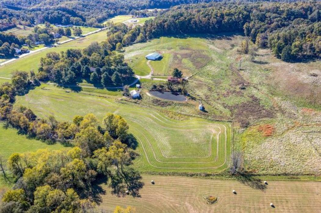 Aerial view of The Brick House lodging at Red Brick Ranch, Hocking Hills Ohio